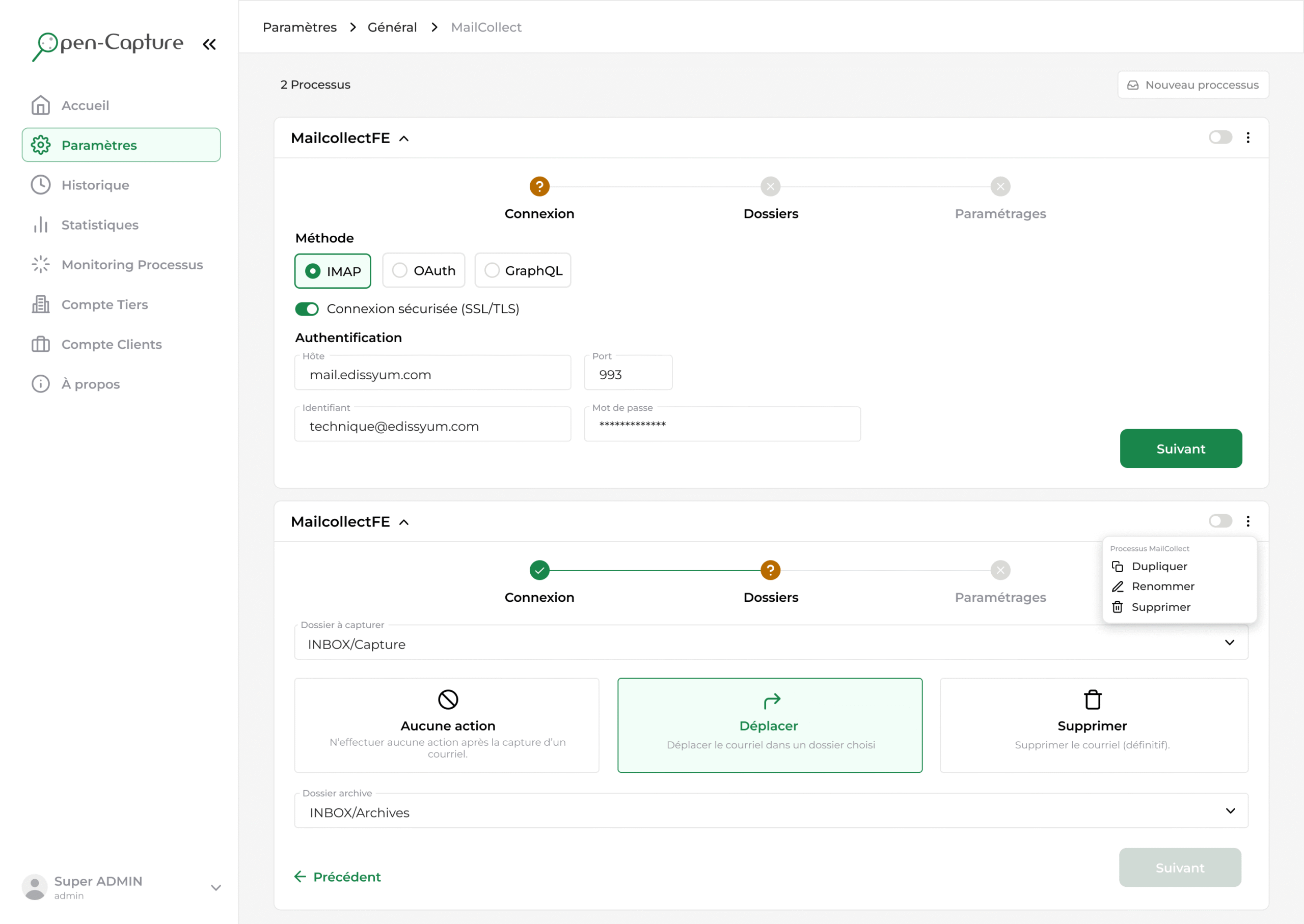 Interface du module MailCollect d’Open-Capture montrant la configuration d’un processus de capture d’emails avec connexion IMAP, sélection des dossiers et actions de traitement.