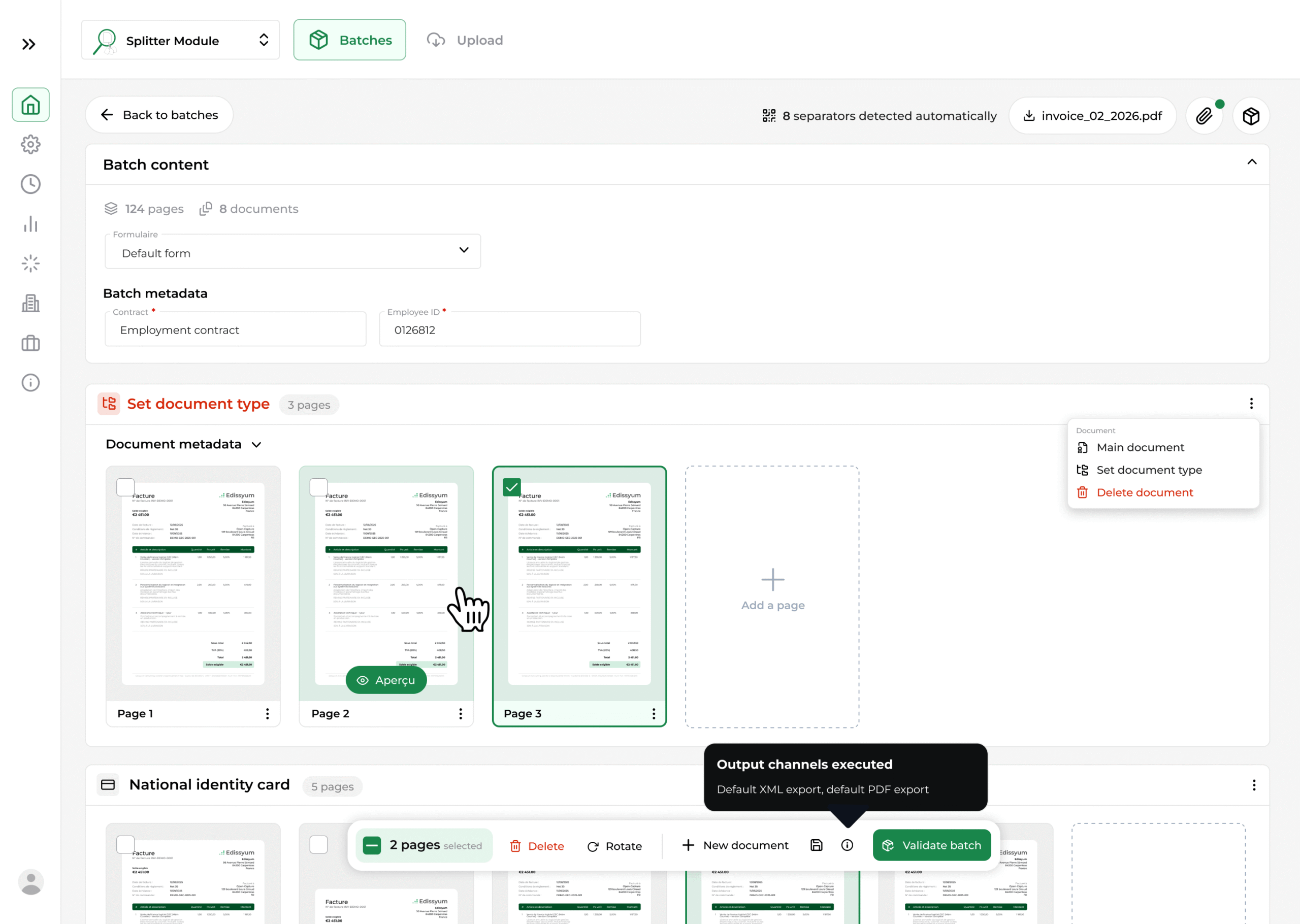 Open-Capture Splitter module interface showing document batch preparation, with automatic separation, document typing, metadata and batch validation.
