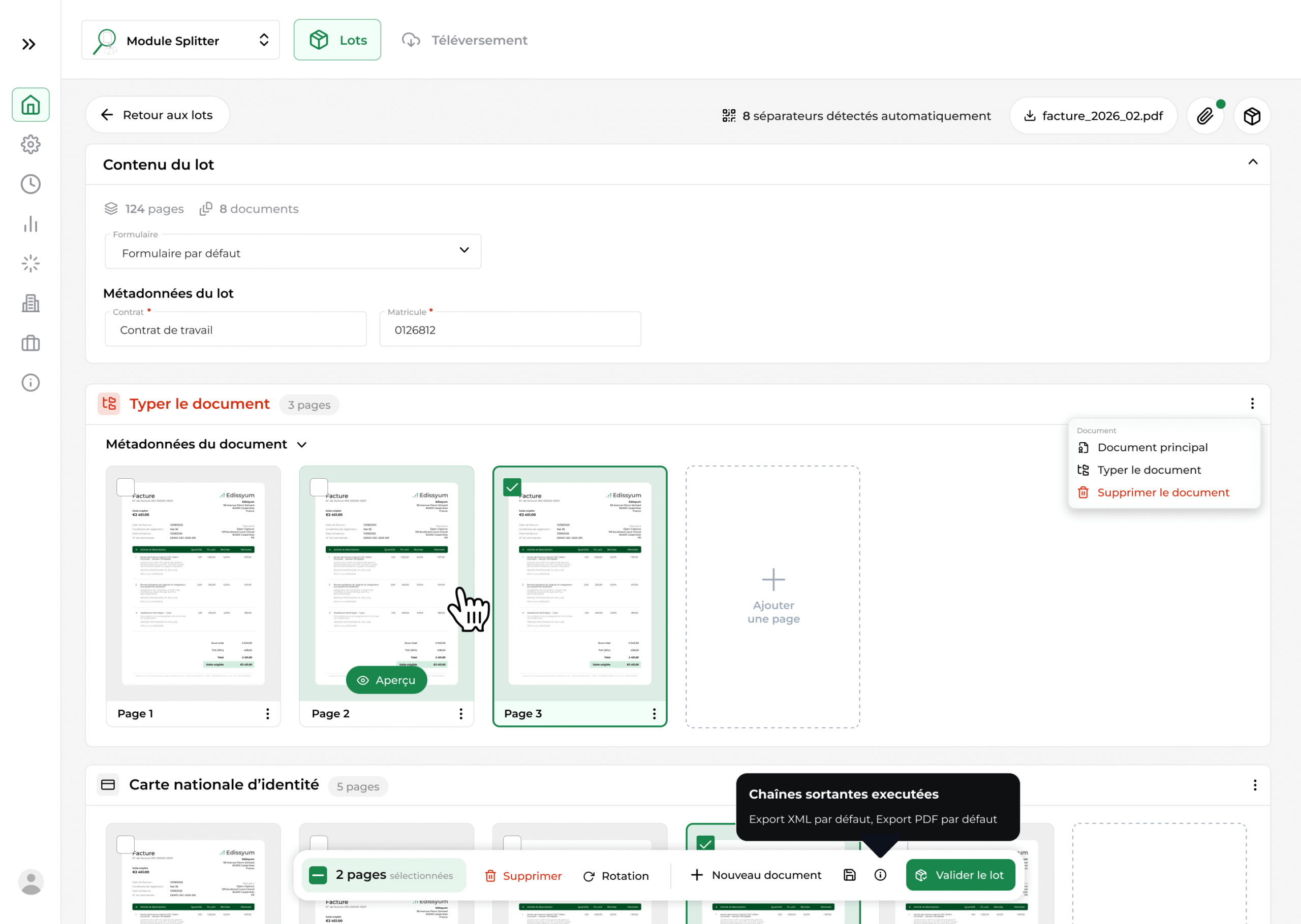 Interface du module Splitter d’Open-Capture montrant la préparation d’un lot de documents, avec séparation automatique, typage, métadonnées et validation du lot.