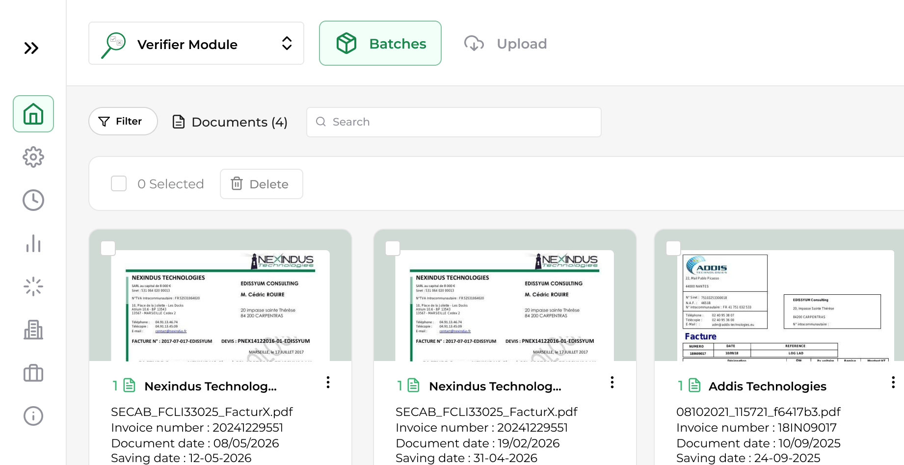 Open-Capture Verifier module interface showing the batch view with filters, search and several invoice documents ready for verification.