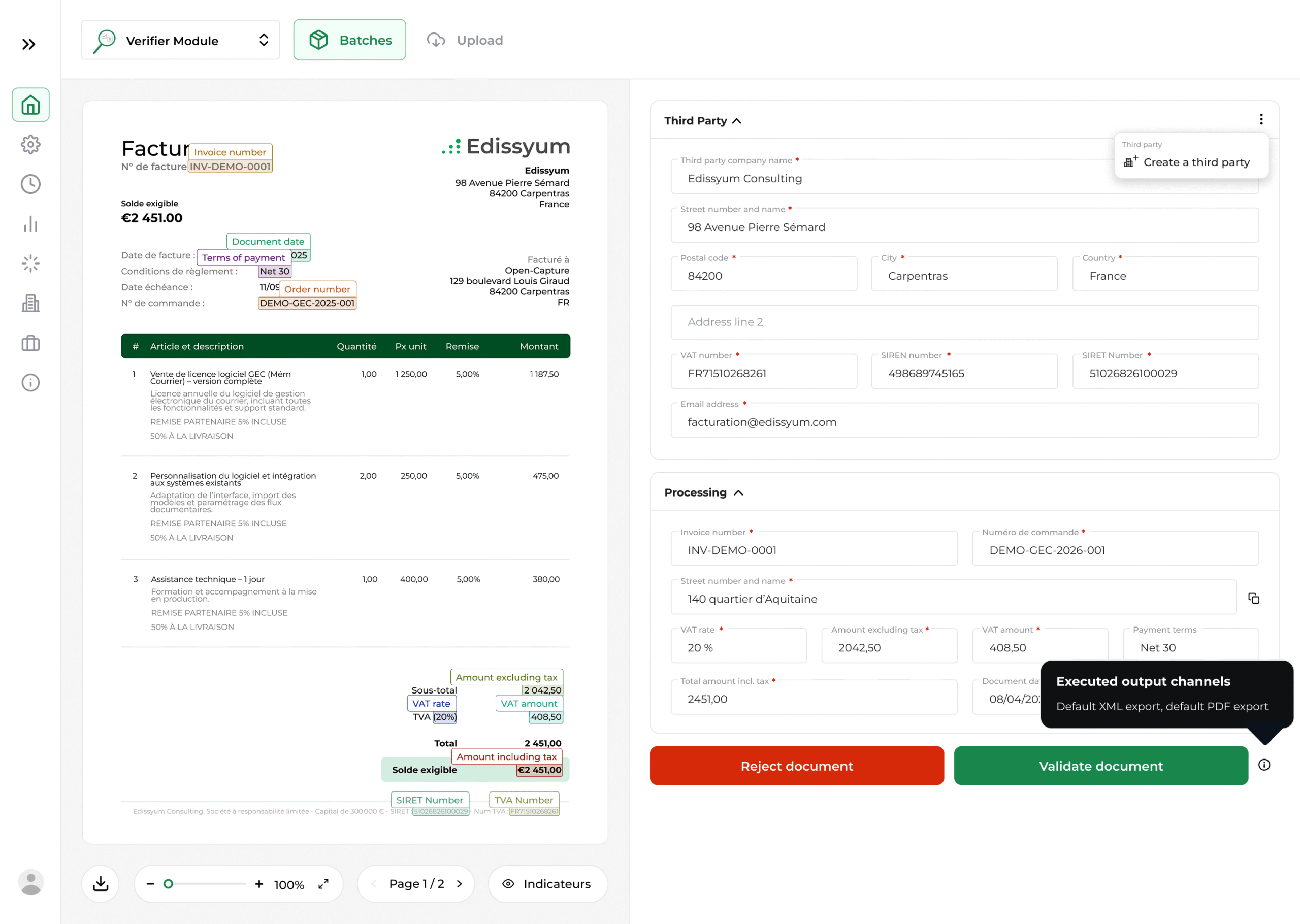 Open-Capture Verifier module interface showing invoice verification with data extraction, control form and document validation.