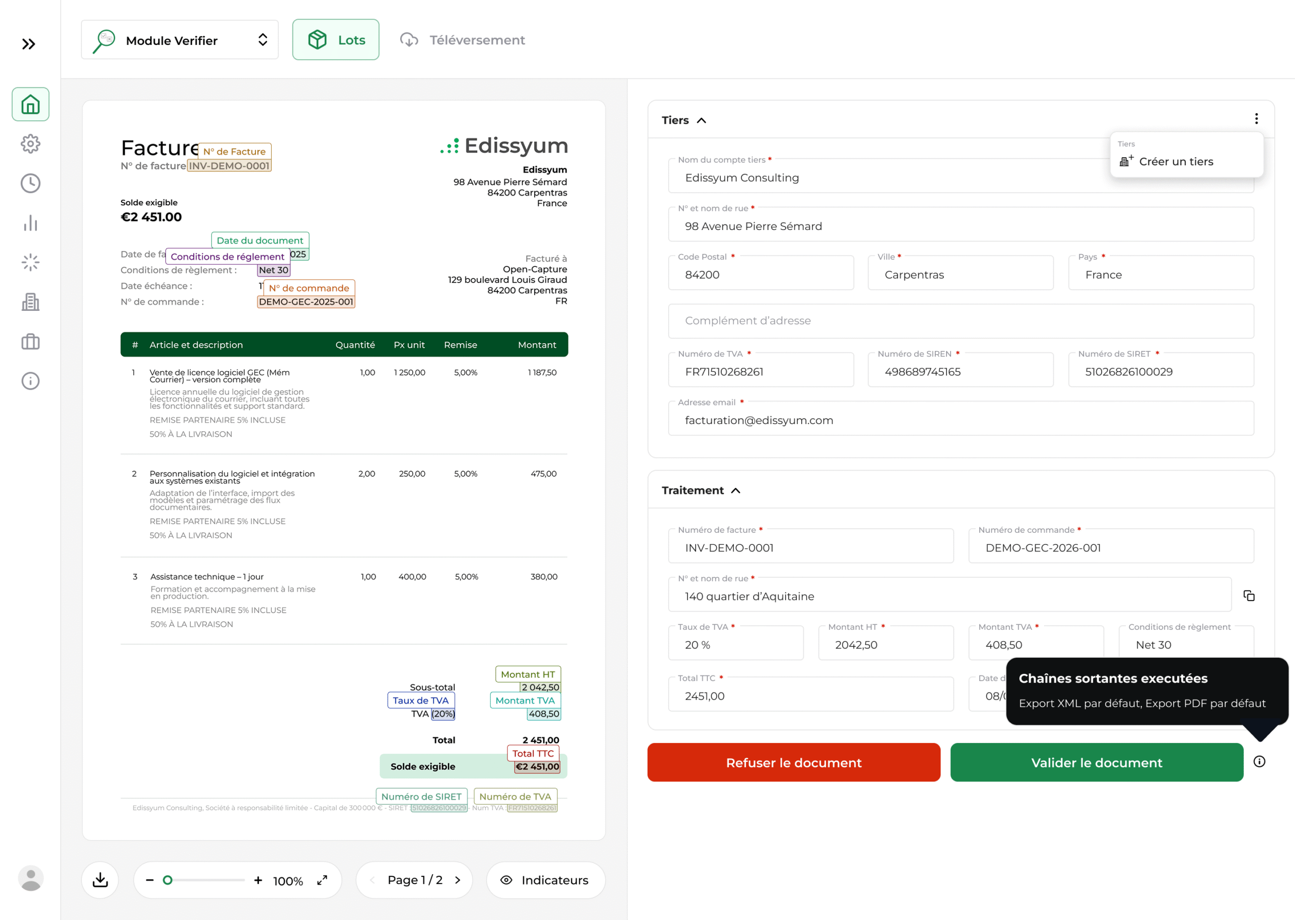Interface du module Verifier d’Open-Capture affichant la vérification d’une facture avec extraction des données, formulaire de contrôle et validation du document.