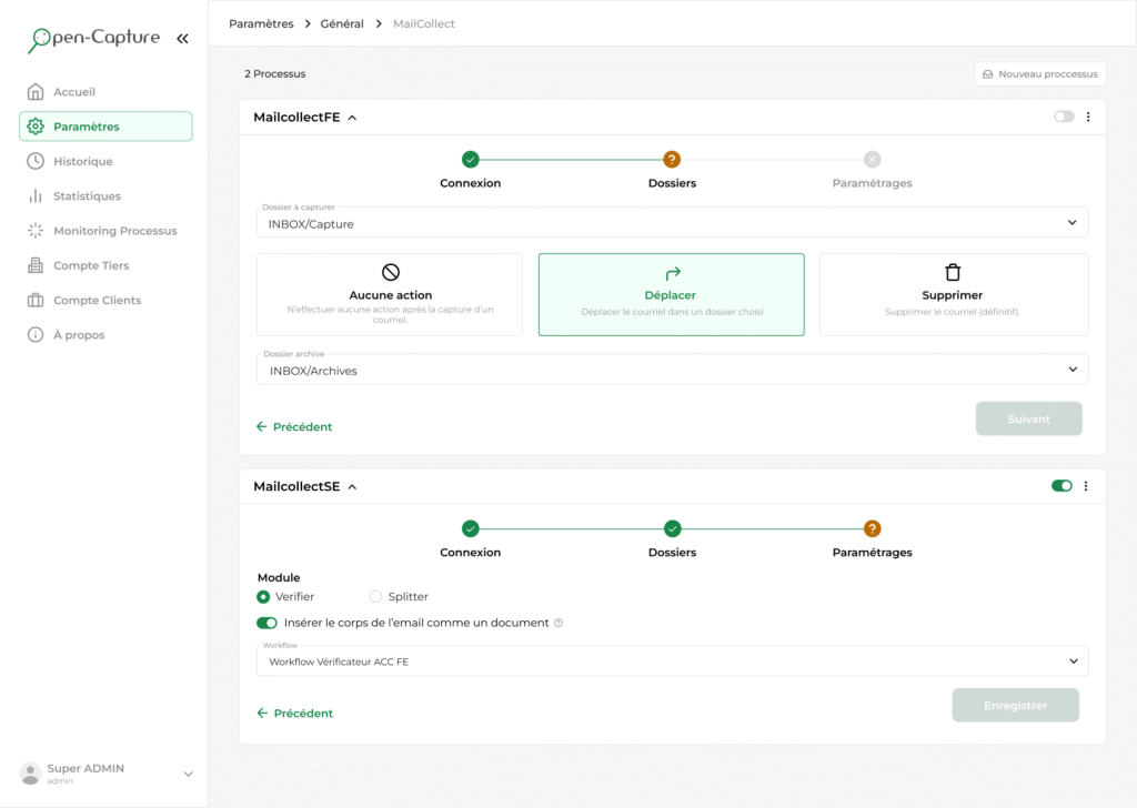 écran de paramétrage du module mailcollect montrant la capture intelligente des emails